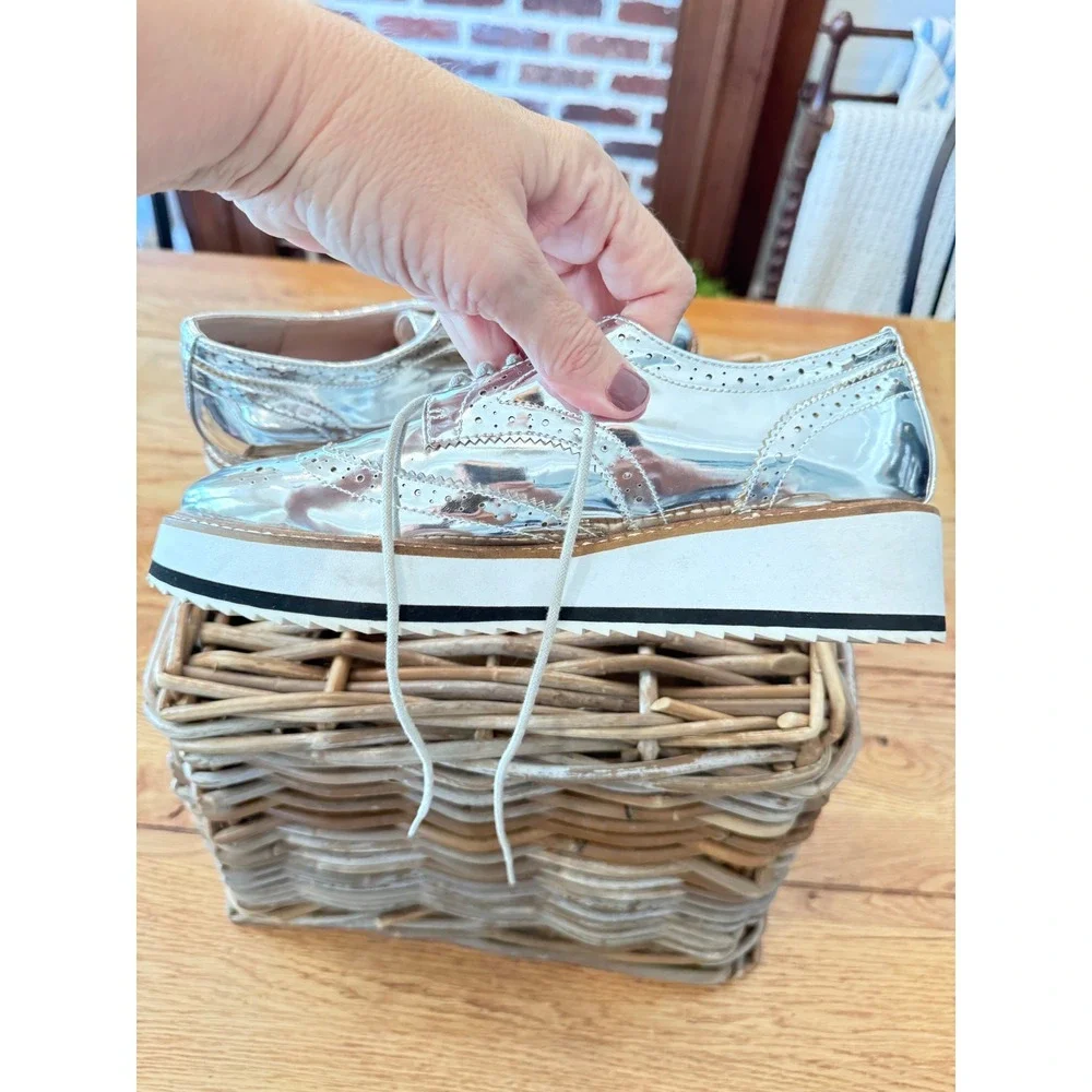 Metallic Silver Platform Oxford Wingtip Brogue Lace Up Shoes 7.5 38